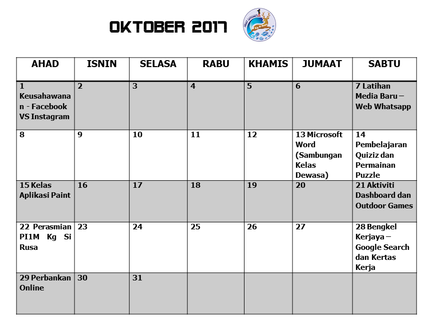 Jadual Oktober 2017