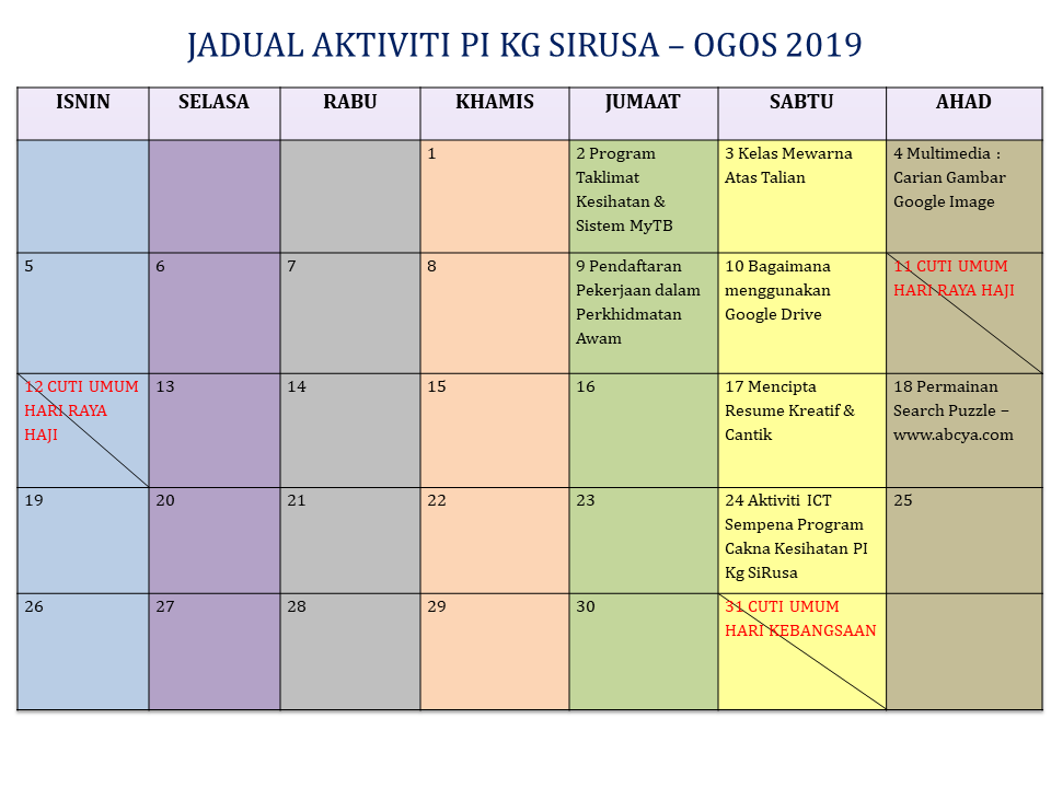 aktiviti bulan ogos 19